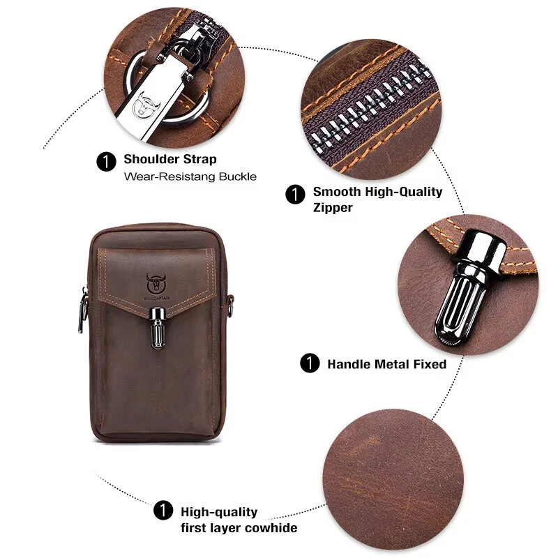 (image for) BULLCAPTAIN Genuine Leather Men's Waist Bags Crossbody Bages Multifunctional 7-inch Mobile Phone Practical Bag for Male Casual Shoulder Messenger Bages